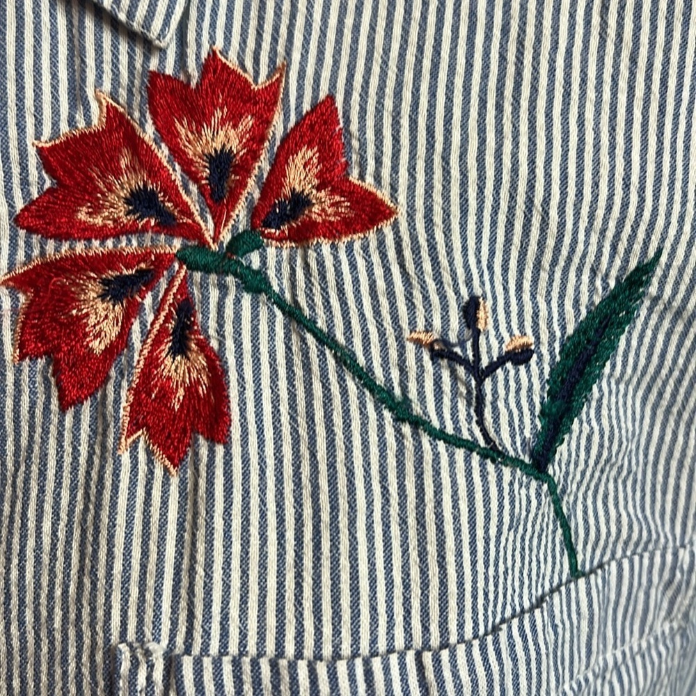 New York & Company Blue Striped Button-Down Shirt with Floral Embroidery - Picture 3 of 6